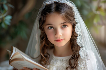 A praying girl in a white First Communion outfit. AI generative. - 753162462
