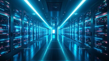 A futuristic data center filled with servers powering cloud computing
