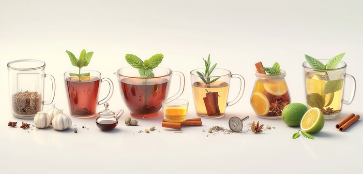Herbal teas and spices, isolated on a white background. Realistic style, 4K resolution
