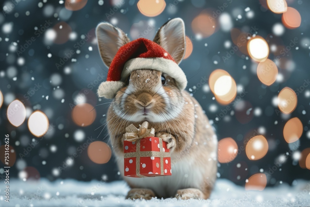 Wall mural A rabbit in a Santa Claus outfit, holding a gift bag, against a snowy night blur background. - Wall murals