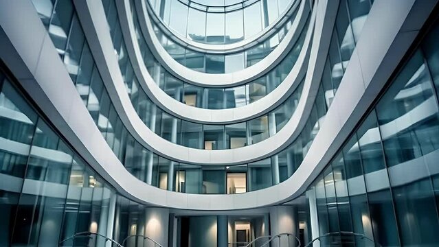 A modern architectural building with round glass facades and an atrium creating the illusion of an endless loop.
Concept: modern architecture, design of corporate spaces, or as a symbol of innovation 