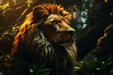 Portrait of a lion on the background of green leaves in the zoo