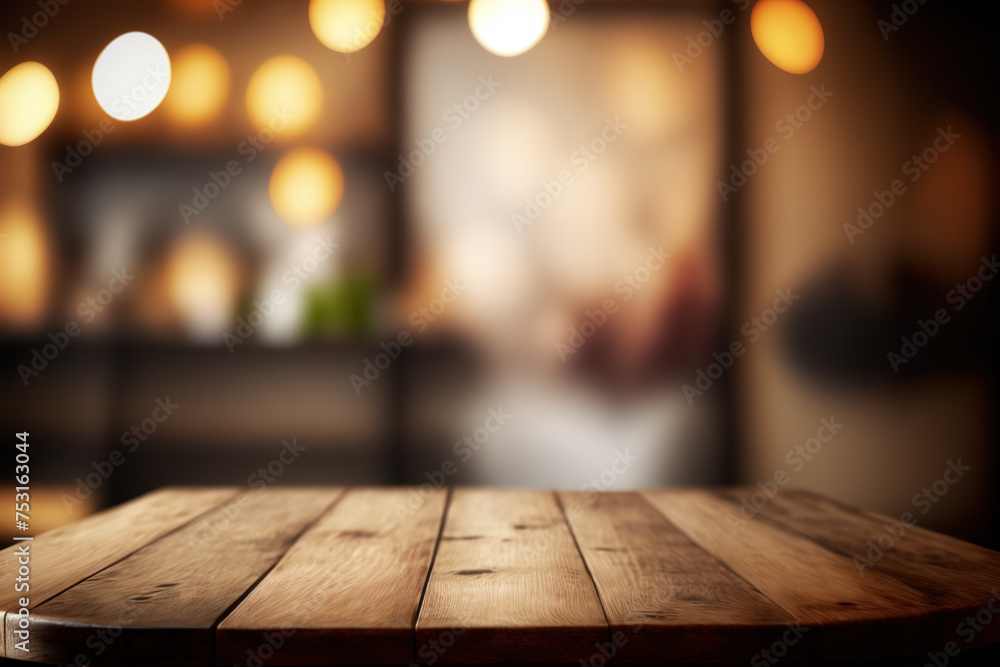 Poster wooden table blurred background of restaurant of cafe with bokeh. flawless generative ai