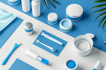 Cosmetics SPA branding mock-up, isometric view, on white and blue background, 