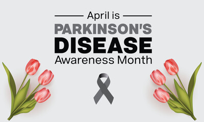 Parkinson's Disease Awareness Month design. It features tulip flower and gray ribbon. Vector illustration.