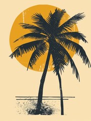 A palm tree stands in silhouette against a vibrant yellow sun in the sky.