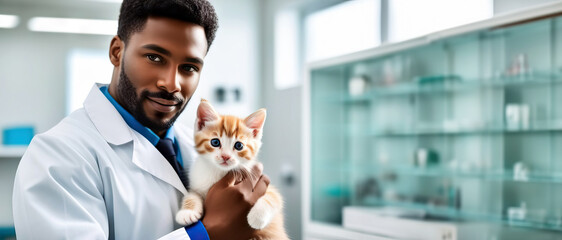 dark-skinned veterinarian holds a small red and white kitten in her arms, reflecting tenderness and care for small pets against the backdrop of a clinic office with a copy area
