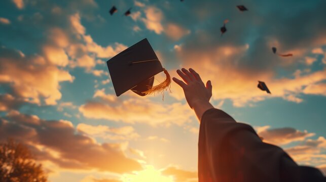 Graduating students hands throwing graduation caps in the air, graduate are celebrating graduation, Happiness cheerful feeling, Commencement, Graduation day, generative ai