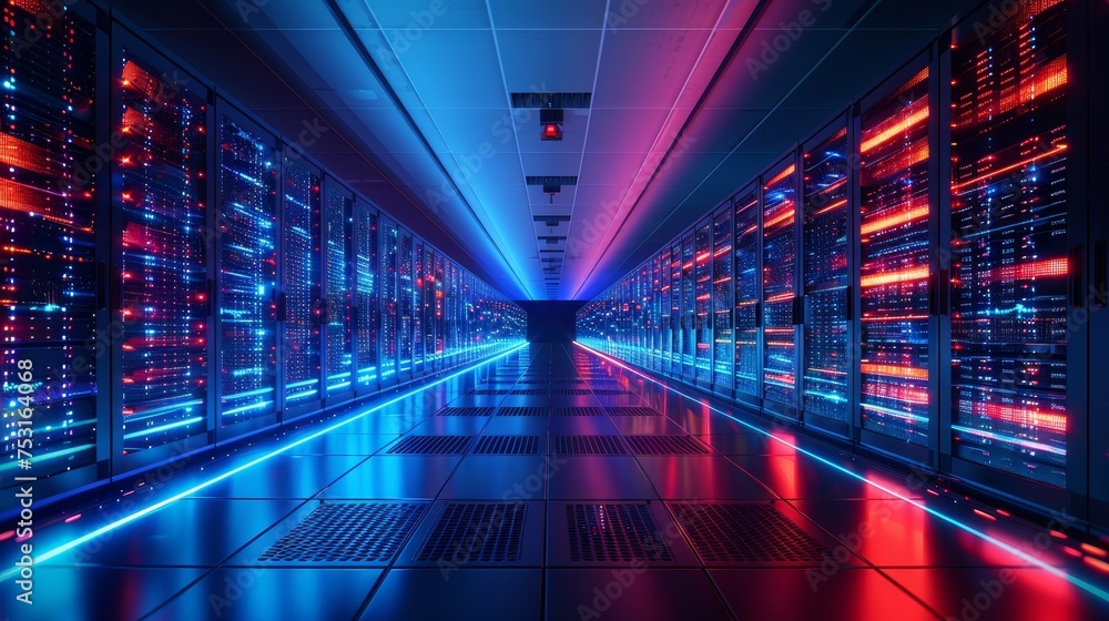 Poster a high-tech data center buzzing with the power of cloud computing