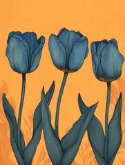 A painting featuring three blue flowers set against a vibrant yellow background, showcasing a striking contrast of colors.