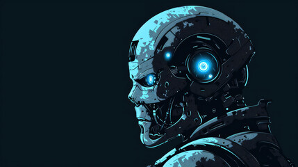 Side view of a AI Neural network head with blue and yellow eyes and vibrant neon neural network, representing futuristic technology and artificial intelligence.
