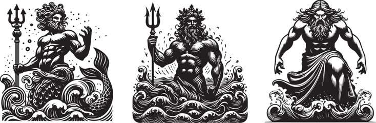 god of seas and oceans, Poseidon or Neptune with trident emerging from waves, black vector graphic