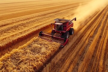 Combine harvester harvests golden wheat. Agriculture concept - obrazy, fototapety, plakaty