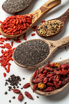 A collection of superfoods, goji berries, and chia seeds, isolated on a white background, realistic, 4K