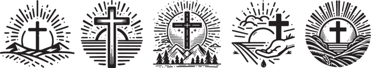 cross against the rising sun, a graphic full of hope, black vector graphic