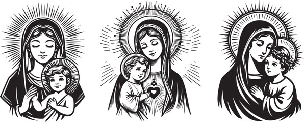 virgin mary cradling infant jesus, embodiment of divine motherhood, black vector graphic
