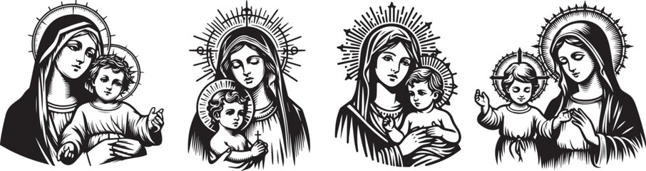 Our Lady Mary holding baby jesus in her arms, tender maternal love, black vector graphic