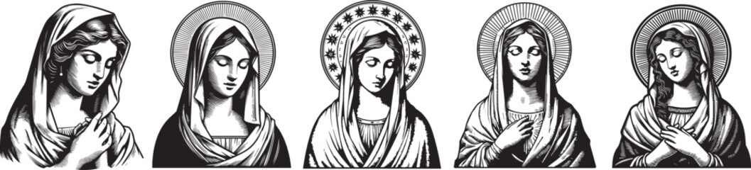 portraits of Our Lady Mary with hands clasped in prayer, serene devotion, black vector graphic
