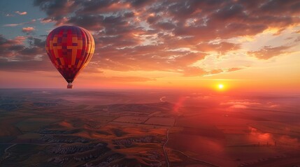 A hot, air, balloon ride at dawn over a mystical location