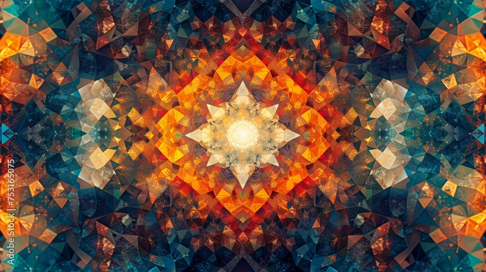 Poster a kaleidoscopic geometric pattern with a harmonious blend of colors and shapes