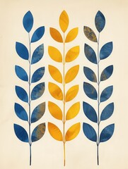 Three leaves, two blue and one yellow, arranged on a clean white surface.