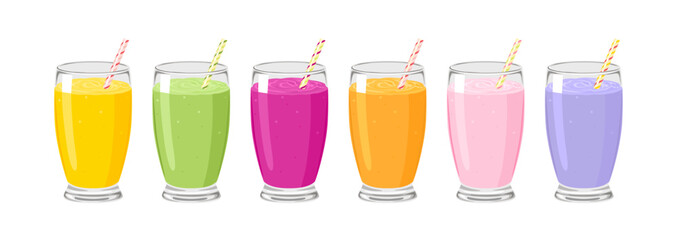 Set of different smoothies in glass isolated on white background. Vector cartoon illustration of healthy drinks.