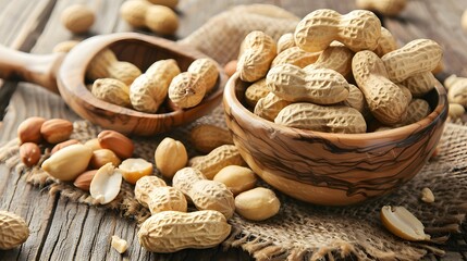 peanuts on a bowl over wooden table - obrazy, fototapety, plakaty