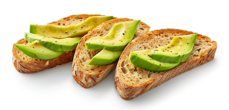 Whole wheat bread and avocado slices, isolated on a white background. Realistic style, 4K resolution