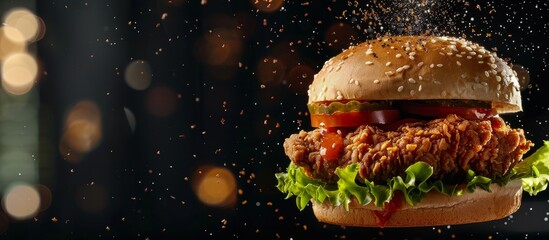 fresh crispy fried chicken burger sandwich with flying ingredients and spices hot on black...