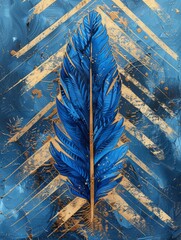 Painting featuring a vivid blue feather against a matching blue background.
