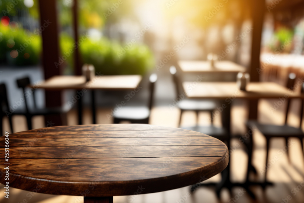 Poster wooden table blurred background of restaurant of cafe with bokeh. flawless generative ai