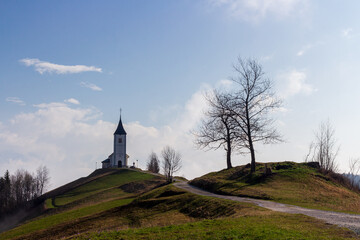 A path leading toward the catholic church accompanied by two trees. An ancient church on the clean...