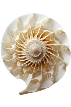 A detailed image of a seashell, showcasing its curves and patterns, isolated on white background