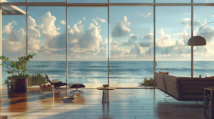modern room interior near beach with sky and sea 