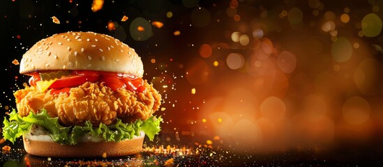 fresh crispy fried chicken burger sandwich with flying ingredients and spices hot on black...