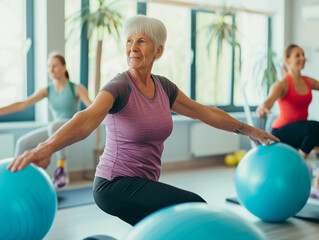 Fototapeta na wymiar Senior Woman Exercising with Fitness Ball