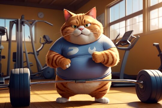A fat cat in a T-shirt is doing sports in the gym.