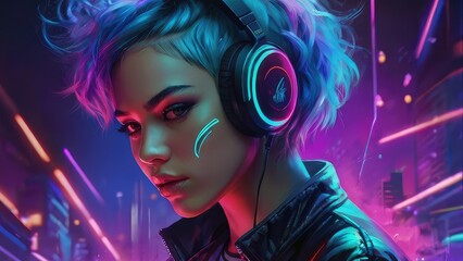 Young girl with short hair listens to music in large headphones. Neon light on background, disco...