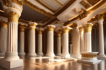 pillars of the supreme court, Step into the grandeur of ancient times with a 3D-rendered background featuring a Roman luxury Greek white podium column, creating an atmosphere of classic beauty and ele - obrazy, fototapety, plakaty