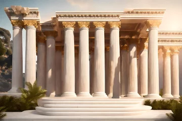 Fotobehang columns in the city, Step into the grandeur of ancient times with a 3D-rendered background featuring a Roman luxury Greek white podium column, creating an atmosphere of classic beauty and elegance © SANA