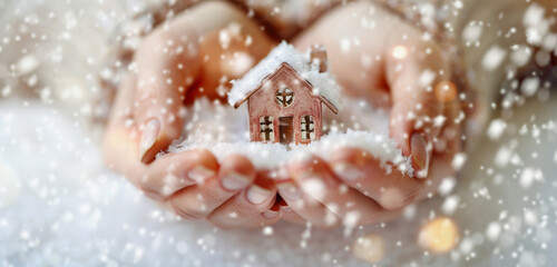Hands cradling a miniature house against a snowy backdrop, symbolizing shelter and warmth amidst the cold - obrazy, fototapety, plakaty
