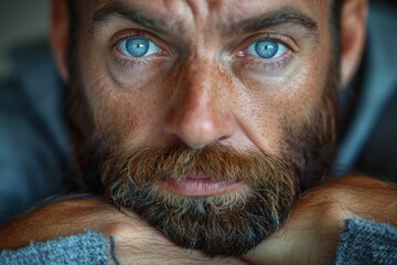 Close-up portrait of a man with deep blue eyes, intense gaze and rich beard texture, exuding character