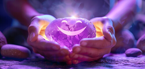 Hands cupping a perfect paper cut smiling face on a luminous, violet stone, representing the...