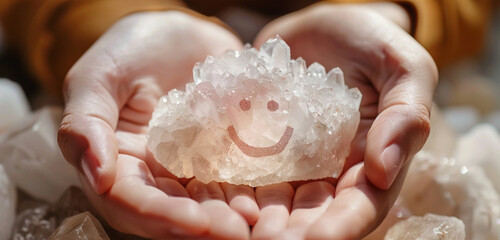 Hands cradling a perfect paper cut smiling face on a small, radiant piece of quartz, its natural beauty symbolizing the enduring joy found in naturea??s embrace