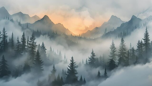 Mesmerizing watercolor animation showcases the mystical beauty of forest fog and rugged mountains.