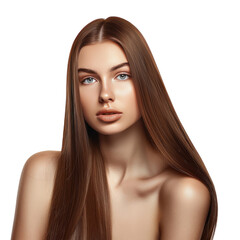 Portrait of model girl with long straight shiny brown smooth healthy hair, skin natural beauty smooth skin for care and hair products, full view, 32k uhd, isolated on white