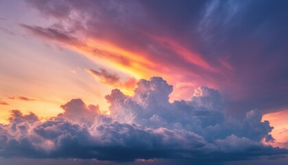 Fototapeta premium Ornamental clouds. Dramatic sky. Epic storm cloudscape. Soft sunlight. Panoramic image, texture, background, graphic resources, design, copy space. Meteorology, heaven, hope, peace concept
