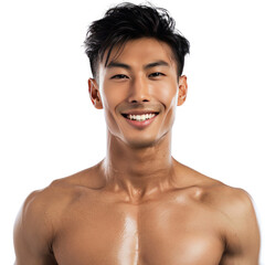Studio portrait of a happy handsome asian model man with clean healthy skin, full view waist up, isolated on white