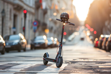 Photo of black electric scooter on the city streets. The concept of convenient and fast personal...