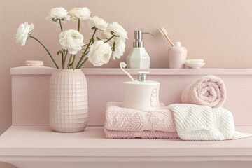 Soft light bathroom decor in pastel pink color, towel,